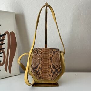 Cala Jade Leather Snakeskin Flap Hexagon Small‎ Crossbody Bag Purse Yellow